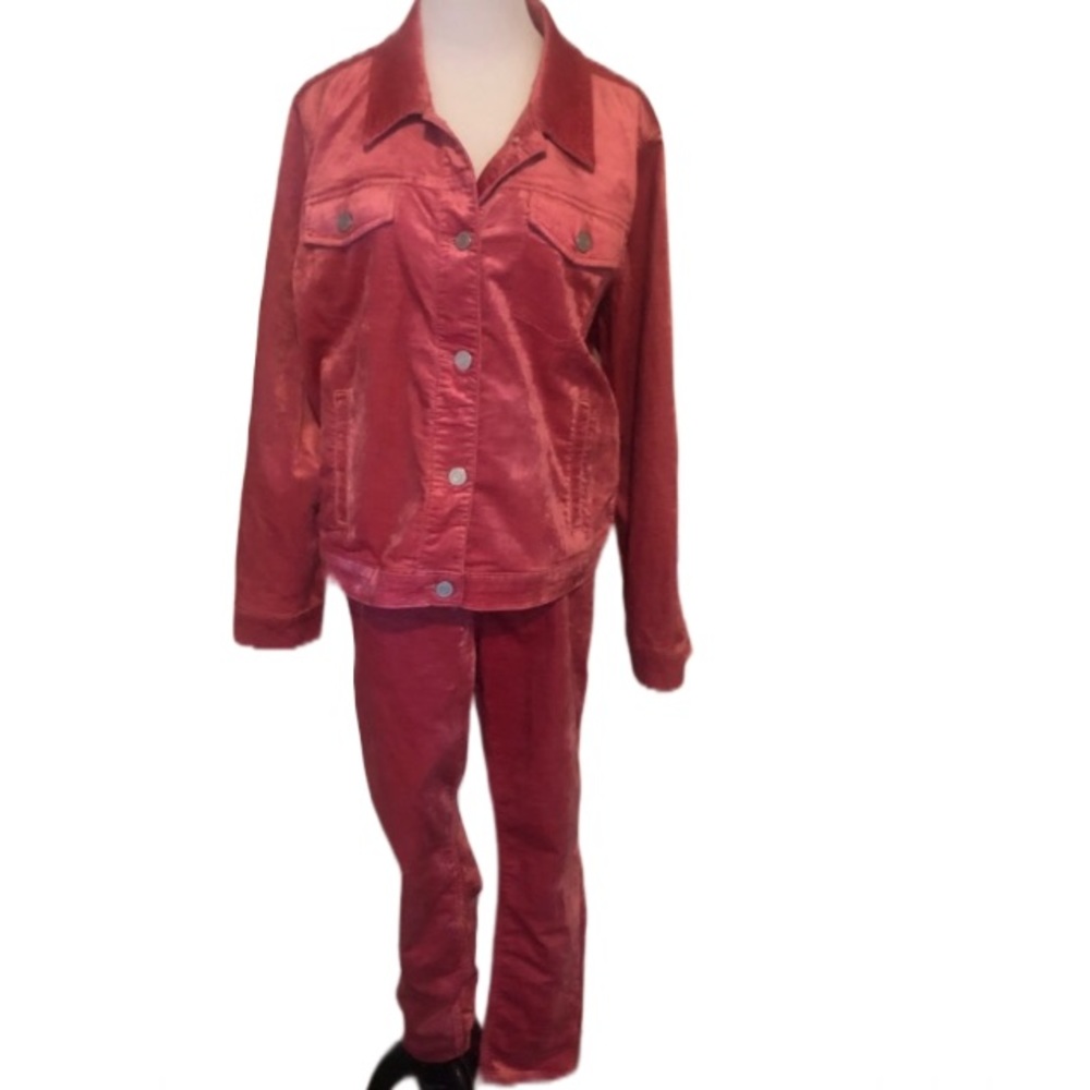 Lauren Conrad Fleeting Rose Velvet Denim jacket and high rise skinny Jean pants.